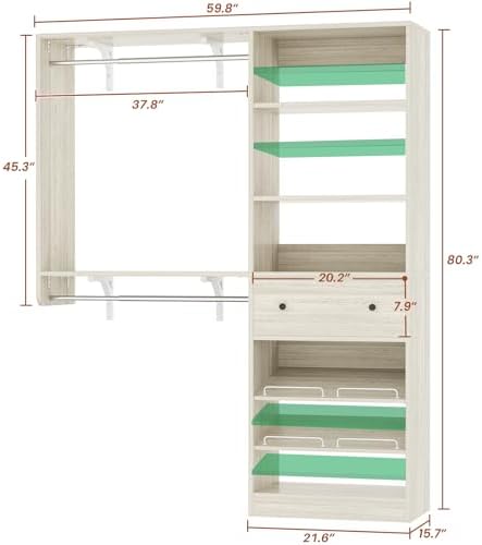 Closet System with Drawer - Reversible 5FT Wood Closet Organizer System with 2 Hanging Rods and Adjustable Shelf, Walk In Closet Organizers with Shoe Rack, Built-In Garment Rack, White Oak - Image 3
