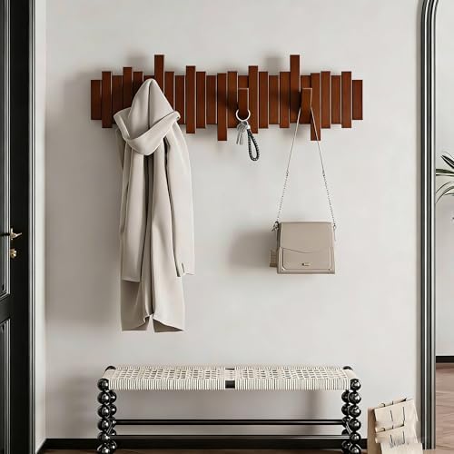 ELECANE Key Holder Wall Mount, Splicable Wooden Piano Coat Rack Wall Mount, Modern Wall Art Flip Down Magnetic Hooks Wall Hook Hat Hanger for Entryway Key Holder Bedroom Kitchen (Brown, 8 Hooks) - Image 6