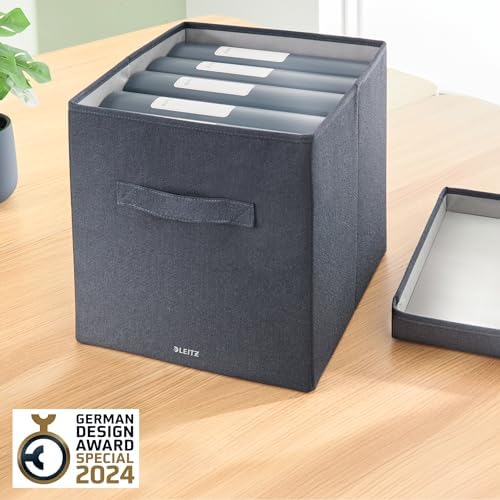 Leitz Fabric Storage Box with Lid, Set of 2 Cube Storage Unit Boxes, Foldable Fabric Ottoman Storage Box, Foldable & Eco Conscious Organiser Box, Recycle Range, Velvet Grey, Large, 61450089 - Image 2