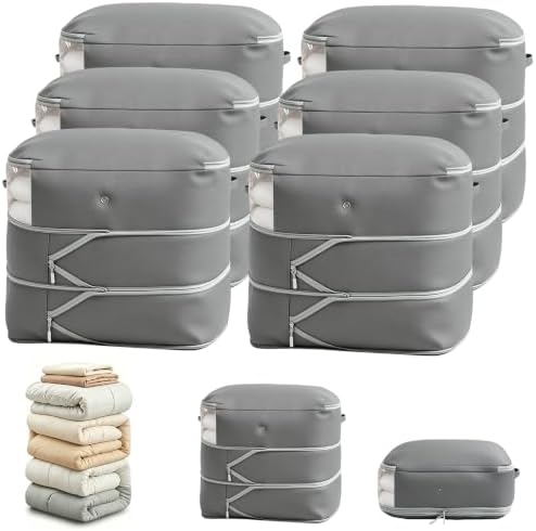Comforter Storage Bag, Large Capacity Blanket Storage Bags 3-Layer Ultra Space Saving Self Compression Organizer, Heavy Duty Space Saver Organizer for Bedding, Clothes, Blanket, 6-Pack, Gray by Unknown