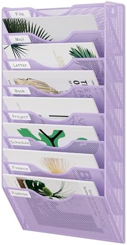 EasyPAG 8 Pocket Mesh Wall File Organizer, Hanging Paper Folder Holder with Classify Label, Vertical Wall Mount Mail Organizer for Office Home Classroom, Purple by EasyPAG