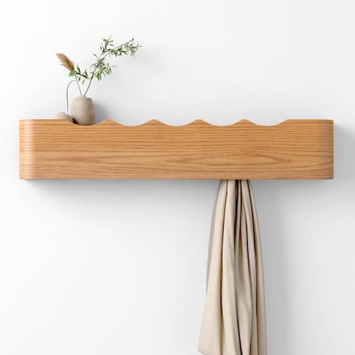 Coat Rack Wall Mount with Hidden Hooks, Wall Hooks with Shelf, Wall Key Holder Mount Wooden Shelf Entryway Hooks for Bedroom Bathroom for Hanging Coats Hats Bags Towels (Oak Wave-Shape, 5 Hooks) by Nevsokio