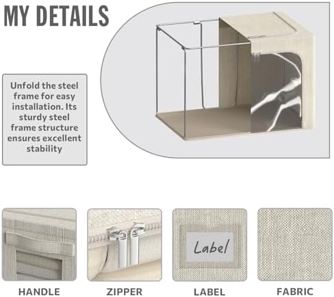 4 Pack Clothes Storage Bins with Metal Frame - 100L Stackable Storage Box with Lid，Foldable Storage Container Organizer for Clothes，Linen Fabric Storage Box with Clear Window＆Zippers＆Handles - Image 3