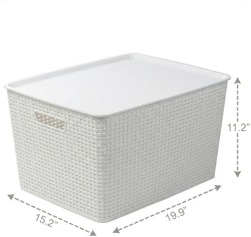 BINO | Plastic Storage Baskets with Lids, 45 Liter - 3 Pack, White | THE WOVEN COLLECTION | Storage Basket for Shelves | Woven Storage Baskets for Organizing Bins Pantry Shelf Organizer Container Bin - Image 2