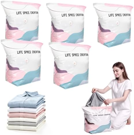 5PCS No Pump Vacuum Storage Bags, No Pump Large Vacuum Storage Compression Bags, Thick Airtight Reusable Organizer for Clothes Comforters Travel Moving Closet Storage (M) by Unknown