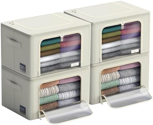 Sorbus Clothing Storage Bins with Clear Window, Metal Frame (4 Pack, Beige) by Sorbus