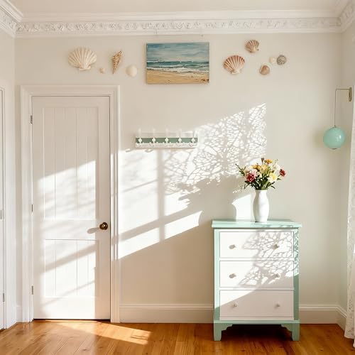SKOLOO Coastal Wall Mounted Coat Rack - 16-7/8" Beach House Entryway Wooden Coat Hook with 5 Hooks for Hanging Coats, Hats or Towels, Oceanfront Cottage Core Collection, White & Green, Pack of 2 - Image 2