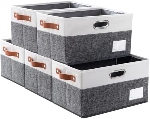 PRANDOM Larger Foldable Storage Bins with Handles [5-Pack] Fabric Collapsible Storage Boxes Baskets Cubes Containers with Handles for Closet Living Room Bedroom (Grey & White 17.3x12.2x10.4') by Prandom