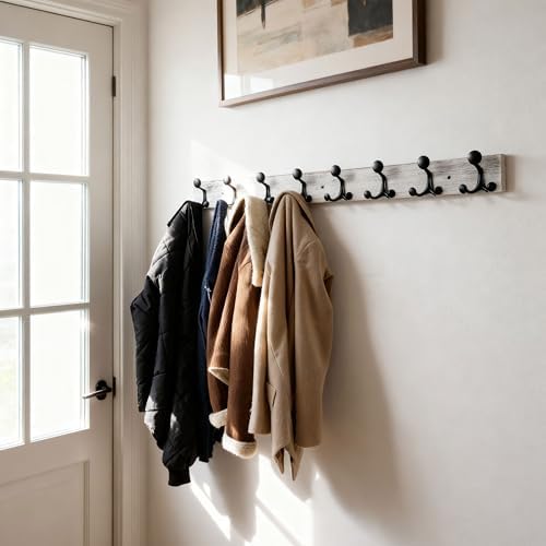 SKOLOO 43-Inch Wood Coat Rack Wall Mount with 8 Triple Hooks - Ideal for Family Entrances, Classrooms, and Pet Supplies Storage - Perfect Coat Hooks for Wall,Distressed White Wash - Image 3