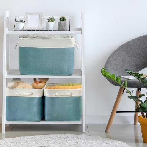 TheWarmHome Organization and Storage basket for Organizing - 3 Pack 16x12x12 inch Cube Storage Bin for Shelves, Fabric Storage Cubes for Organizer Cloth Closet Toy Box (White & Green) - Image 4