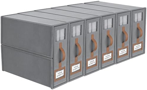 6 Pack Foldable Bed Sheets Set Organizers and Storage(King & Queen Size),Linen Fabric Closet Organizers with Window,Folding Bedding Storage Box for Bedsheets and Pillow Cube Organizer-Gray by BigPonPon