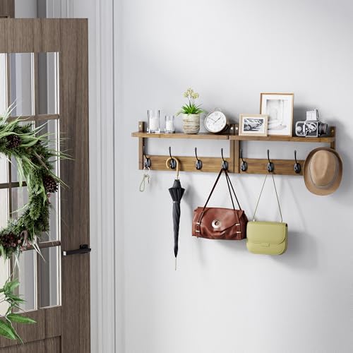 STELLSTAR Coat Rack with Shelf Wall Mount, Entryway Bamboo Hanging Shelf, Set of 2, Wall Hook Rail for Hallway Décor, Storage Clothe, Hat, Robe, Key, Dog Leash (Walnut) - Image 2