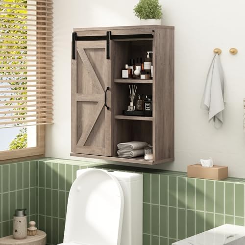 RUSTOWN Farmhouse Bathroom Wall Cabinet with Sliding Barn Door - Image 3