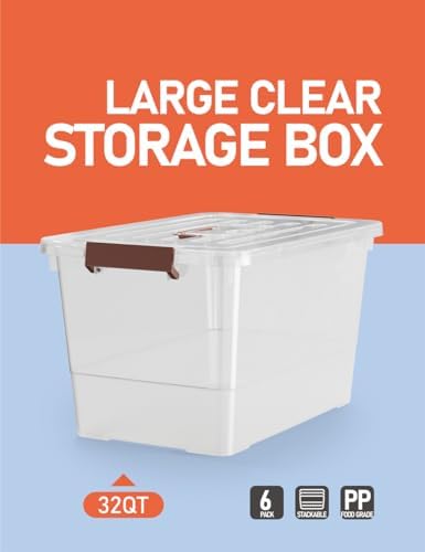WYT 32 Qt Plastic Clear Storage Bin with Durable Lids and Latching Buckle, 6-Pack Tote Organizing Box Stackable and Nestable - Image 4
