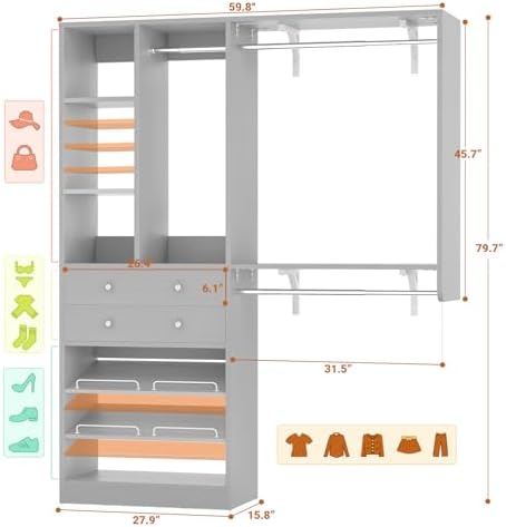 Closet System with 2 Drawers - Reversible 5FT Wood Closet Organizer System with 3 Hanging Rods and Adjustable Shelf Shoe Rack, Morandi Grey - Image 3