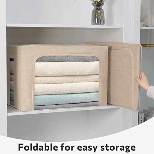 FHSQX Extra Large Clothes Storage Bins Foldable Metal Frame Storage Box Stackable Linen Fabric Box Organizer Set with Carrying Handles and Clear Window (Beige, 23.6x 16.5x 15.7 Inch) - Image 3