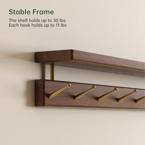 Walnut Wall Hooks with Shelf, Coat Rack Wall Mount, Entryway Hanging Shelf with 7 Brass Hooks for Hats, Clothes, Towels, Bags, Black Walnut Wood, Walnut - Image 4