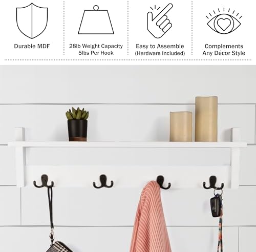 Lavish Home Coat Rack with Shelf and 4 Hooks - Wall Mount Coat Hook Shelf for Purses, Jackets and Keys - Coat Rack for Entryway, Mudroom, or Hallway (White) - Image 4
