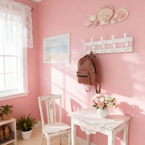 SKOLOO Coastal Wall Mounted Coat Rack-16.88" Beach House Entryway Wooden Coat Hook with 5 Hooks for Hanging Coats, Hats or Towels, Oceanfront Cottage Core Collection, White&Palm Beach Pink, Pack of 2 - Image 5