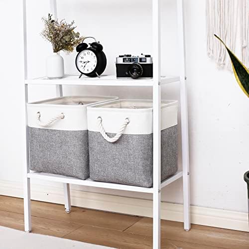 MidmmVick 11 x 11 Inch Cube Storage Bins, 6 Pack Large Collapsible Fabric Storage Bin with Ropes, Foldable Storage Cubes for Home, Office,Closet, Clothes, Toys Organizer (White & Grey-11"x11"x11") - Image 4
