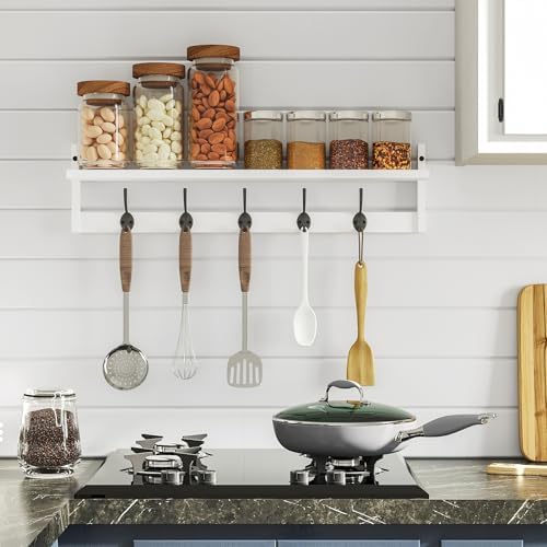 BAMEOS Wall-Mounted Wood Shelf with 5 Dual Hooks for Bathroom, Living Room, Bedroom (White-with Shelf) - Image 4