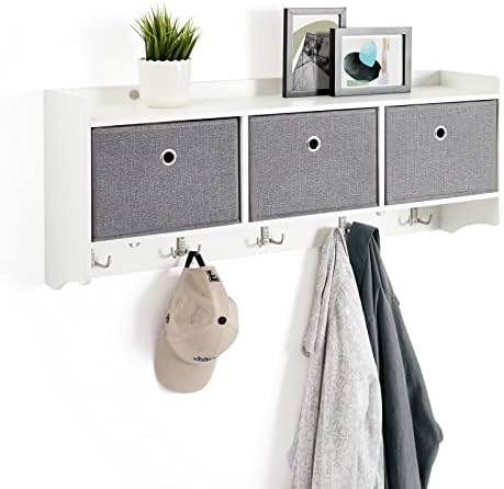 Mondeer Wooden Coat Rack Shelf Wall Mounted with 3 Baskets 5 Hooks White by Mondeer