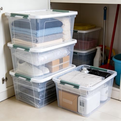 Storage Latching Bins, 35 Quart Clear Plastic, 4-Pack Storage Box - Image 6