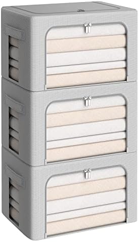 CYhom 3Pack Frame Storage Box - Clothes Storage Bin Bags Oxford Fabric Foldable Stackable Container Organizer Set with Clear Window & Carry Handles (Grey, X-Small-36L) by CYhom