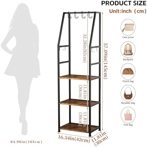 Tall Narrow Purse Organizer for Closet, 3-Tier Floor Standing Handbag Storage Rack with 8 Adjustable Hooks, Space-Saving Purse Display Stand for Small Space Bedroom Entryway (Rustic Brown) - Image 3
