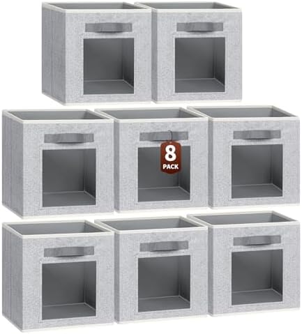 Homsorout Foldable Storage Cubes - Cubby Storage Organizer with Window, Decorative Fabric Bins for Clothes Storage, Closet Organizers for Shelves, 11inch, Set of 8, Light Grey by Homsorout