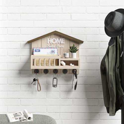 Key and Mail Holder for Wall, Wall Key Holder with Shelf, Key Rack Wall Mount, Wood Key Holder Wall Mount, Mail Organizer Wall Mounted, Entryway & Front Door Key Holder with 5 Hooks(White) - Image 6
