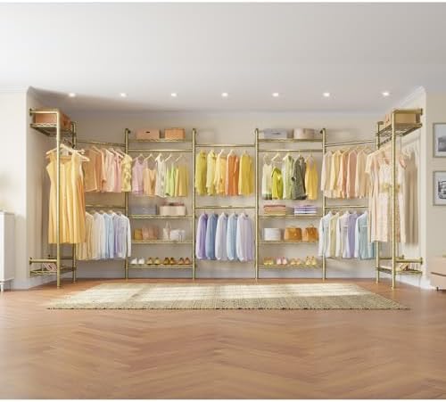 Timate F3 Garment Rack Heavy Duty Clothes Rack for Hanging Clothes, Expandable Industrial Pipe Wall Mounted Clothing Rack, Adjustable Storage Wardrobe Closets Kit Walk in Closet Systems, Gold - Image 4