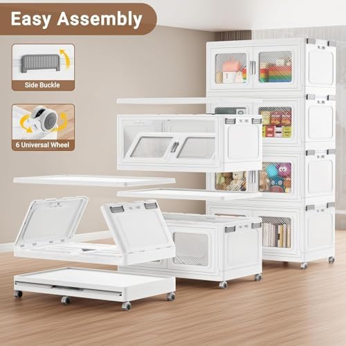 BROVIEW 440Gal Storage Bins, 1760Qt Extra Large Stackable Storage Box with Lids & Wheels - Heavy Duty Collapsible Plastic Cabinets, Open Front Door for Sundries in Home & Office, White 8 Pack - Image 4