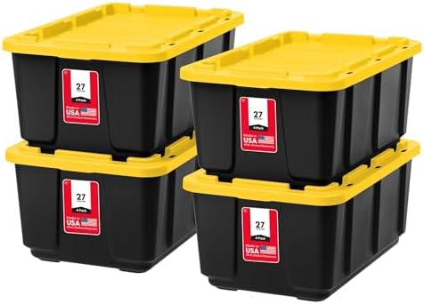 IRIS USA 4-Pack 27 Gal Heavy Duty Storage Tote Bins with Lids, Black/Yellow by IRISUSA