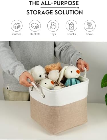 Temary 6-Pack Cube Storage Bins, 11 Inch Foldable Fabric Storage Cubes with Cotton Rope Handles, Sturdy Linen Organizer Baskets with Metal Frame for Shelves, Closet, Nursery (White&Khaki) - Image 7