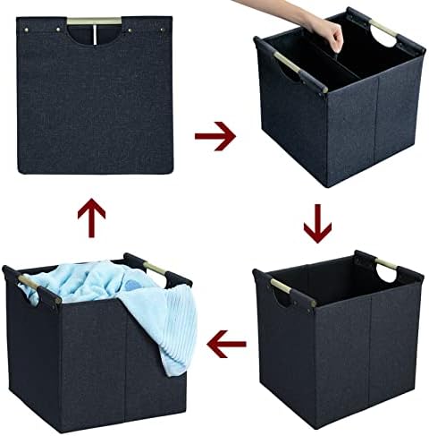 HOONEX Collapsible Storage Bins, 12x12x12in Storage Cubes Linen Fabric, 3 Pack, Storage Baskets with Wooden Carry Handles and Sturdy Heavy Cardboard, for Home, Office, Car, Nursery, Dark Grey - Image 7