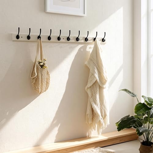 Dseap Coat Rack Wall Mounted: 10-Hooks, 38-1/4" Long, 16" Hole to Hole, Wood Coat?Hooks Wall Mounted, Hook Rack, Hook Rail, Hooks for Hanging Coats, White & Black - Image 5