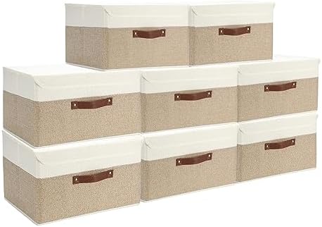 8 Pack Decorative Storage Bins Containers Fabric Bins with Lids Storage Baskets Bulk for Shelves Drawers, Desktop, Closet, Playroom, Classroom, Office, Bedroom, (15INx10INx10IN, Beige/White) by storage