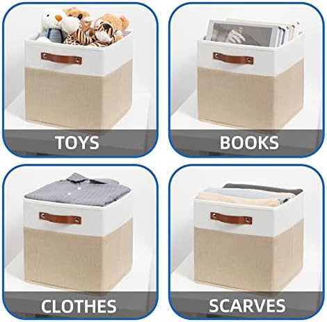 Temary Fabric Storage Cubes - 12 Inch Collapsible Bins (4Pack) - Empty Gift Baskets for Organizing Shelves, Closets, Nursery (White & Khaki) - Image 4