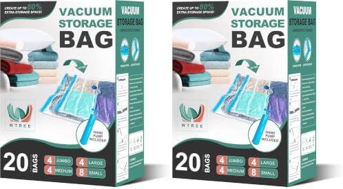 WTREE 40 Pack Vacuum Storage Bags, Space Saver Bags, Vacuum Sealed Bags for Comforters, Blankets, Clothes Storage, Hand Pump Included (4 Jumbo/4 Large/4 Medium/8 Small) by WTREE