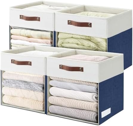 Bagnizer Storage Cubes, 4 Pack Linen Foldable Storage Bins (13 x 13 inch) with Clear Window and Handles, Fabric Organizer for Shelf Closet, Clothes, Books - (Navy Blue and White) by Bagnizer
