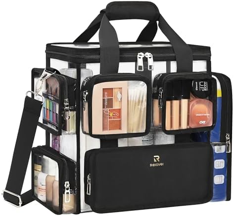 Relavel Large Clear Makeup Bags, Professional Makeup Artist Kit Set Bag with Removable Dividers, Travel Cosmetic Organizer Hairstylist Traveling Bag Transparent PVC Work Tote Bag Duffle Bag for Women by Relavel