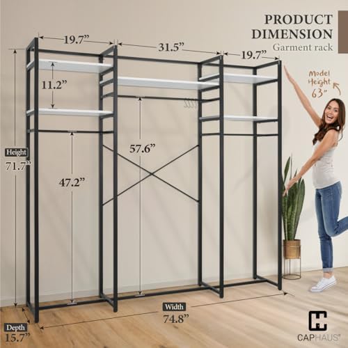CAPHAUS 913lbs Capacity Heavy Duty Clothing Rack, 75" W Metal Garment Rack with Drawers Hanging Rods and Wood Shelves, Freestanding Closet Organizer, White Board - Image 2
