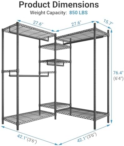 VIPEK L6 Heavy Duty Clothes Rack L Shape Clothing Rack 5-Tier Wire Garment Rack Freestanding Closet with 7 Adjustable Shelves & 4 Hanging Rods, 42.1" L x 42.1" W x 76.4" H, Max Load 850LBS, Black - Image 4
