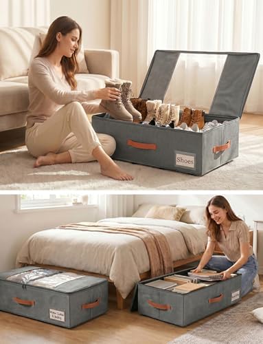 TOSKING 2-Pack Under Bed Storage Drawers with Wheels, 6 Vacuum Bags, 7.9" Height, Large 65L/80 lbs Clear Lid Rolling Bin, 900D Oxford, Space Saver for Dorm Bedroom, Blankets, Clothes, Shoes, Gray - Image 3