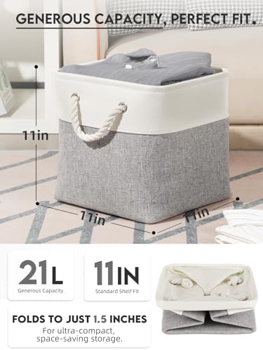 Temary 11 Inch Cube Storage Bins - 6 Pack Foldable Fabric Storage Baskets with Soft Rope Handles, Sturdy Organizer Cubes with Metal Frame for Shelves, Closet, Office & Home Organization (White&Grey) - Image 2