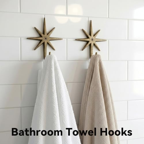 4 Pack Cast Iron Atomic Starburst Wall Hooks, Gold Mid Century Modern Coat and Towel Hooks for Entryway, Bathroom, Kitchen, Bedroom, Decorative Vintage Style Star Hooks - Image 4