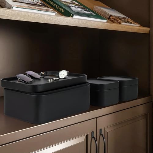 HofferRuffer Faux Leather Decorative Storage Boxes, Dust proof Storage Shelf Baskets with Lids Trays, Storage Bins Memory Box Organizer for Home, Office, Jewelry & More, Set of 3 (Black) - Image 6