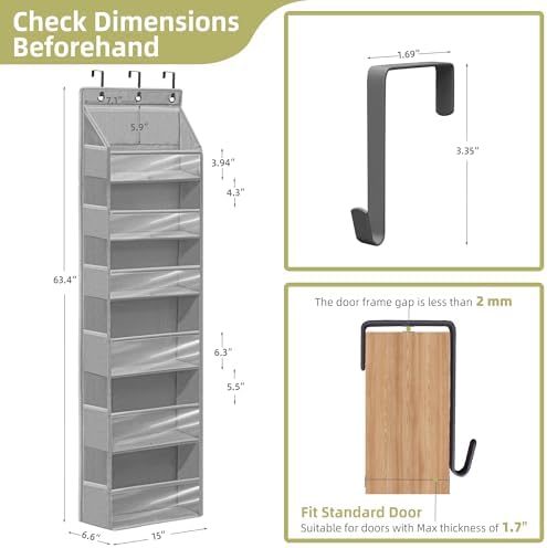 Over Door Organizer with 6 Extra Large Pockets 12 Side Pockets, Sturdy Closet Storage Rack, Hanging Storage Organizer with Clear Window for Shoes, Diapers, Bedroom, Bathroom, Grey, 3-Pack - Image 2