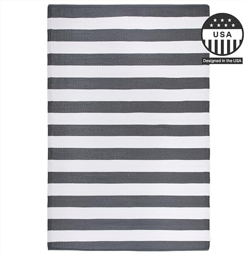 FH Home Outdoor Rug - Waterproof, Fade Resistant, Crease-Free - Premium Recycled Plastic - Geometric - Patio, Porch, Deck, Balcony - Brittany Stripe - Gray & White - 5 x 8 ft - Image 4